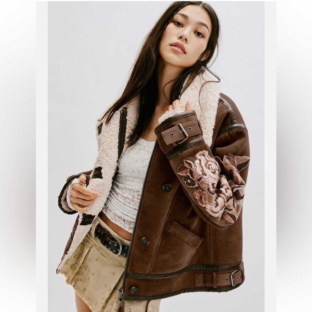 Free People Andies Vegan Moto Jacket We The Free Faux Fur Brown Floral